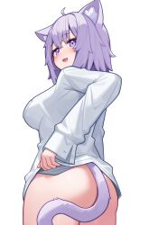 Rule 34 | 1girl, animal ears, ass, bottomless, breasts, cat ears, cat girl, cat tail, deaver, dress shirt, highres, hololive, large breasts, looking at viewer, looking back, naked shirt, nekomata okayu, nekomata okayu (oversized shirt), purple eyes, purple hair, shirt, short hair, simple background, solo, tail, virtual youtuber, white background