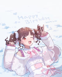 Rule 34 | 1girl, ;d, blush, breath, brown hair, capelet, dated, fur-trimmed capelet, fur trim, happy birthday, highres, idolmaster, idolmaster shiny colors, looking at viewer, lying, mochi (1021208), on back, on ground, one eye closed, open mouth, red hair, shirt, sidelocks, sleeveless, sleeveless shirt, smile, snow, solo, sonoda chiyoko, twintails, upper body, v, white capelet