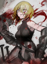 Rule 34 | 1girl, armor, armored boots, armpits, bare shoulders, belt, black shirt, blonde hair, blood, blood in hair, blood on clothes, boots, breasts, chuhaibane, don quixote (project moon), dress, gauntlets, hammer, highres, holding, holding hammer, limbus company, medium breasts, parted lips, project moon, shirt, short hair, sleeveless, sleeveless dress, smile, solo, wax seal, yellow eyes
