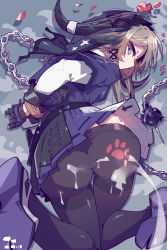Rule 34 | 1girl, absurdres, all fours, animal ears, arknights, arms behind back, ass, ass focus, ball and chain (weapon), belt, black belt, black gloves, black pantyhose, blue footwear, blue shirt, blue skirt, boots, bound, bound wrists, breasts, chain, chinese commentary, closed mouth, cow ears, cow horns, cum, cum on ass, cum on clothes, ejaculation, flower, flower on head, from above, from behind, full body, gloves, green eyes, highres, horns, imazawa, knees together feet apart, light brown hair, long hair, looking at viewer, looking back, miniskirt, pallas (arknights), pantyhose, paw print, petals, pleated skirt, pov, projectile cum, restrained, shirt, sidelocks, skirt, small breasts, solo, sweatdrop, thighband pantyhose, top-down bottom-up, undershirt, veil, white shirt
