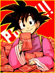 Rule 34 | 1boy, black eyes, black hair, candy, child, chinese clothes, dragon ball, dragonball z, food, framed, happy, long sleeves, looking at viewer, maca (kanekohouse), male focus, outline, pocky, purple shirt, red background, shirt, short hair, simple background, smile, solo, son goten, spiked hair, too many