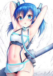 Rule 34 | 1girl, armpits, arms up, bare shoulders, blue eyes, blue hair, blush, breasts, commentary request, hair between eyes, headgear, highres, japanese clothes, kimono, looking at viewer, navel, open mouth, original, prophosphere, small breasts, solo, sweat, sword, twintails, water, weapon, white background, white kimono