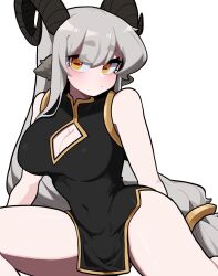 Rule 34 | 1girl, animal ears, black horns, bolt (min lona), chinese clothes, goat ears, goat eyes, goat horns, horns, looking at viewer, min lona, white background