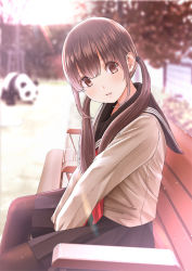 Rule 34 | 1girl, bad id, bad pixiv id, bench, between legs, black pantyhose, blurry, blush, brown eyes, brown hair, chikuwa (odennabe), commentary, confession, depth of field, hand between legs, head tilt, lens flare, light particles, long hair, looking at viewer, looking to the side, open mouth, original, panda, pantyhose, park, pleated skirt, school uniform, serafuku, skirt, solo, sunlight, tree, twintails