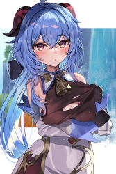 Rule 34 | 1girl, ahoge, bare shoulders, bell, black gloves, blue hair, blush, breasts, cleavage, clothes pull, detached sleeves, ganyu (genshin impact), genshin impact, gloves, highres, horns, long hair, looking at viewer, medium breasts, neck bell, outdoors, parted lips, pulled by self, purple eyes, sidelocks, solo, tenpura noraneko, torn clothes, white sleeves