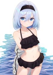 Rule 34 | 1girl, absurdres, arms behind back, bikini, bikini skirt, black bikini, black hairband, black skirt, blue eyes, closed mouth, deatheach, frilled bikini, frills, frown, hair between eyes, hairband, highres, looking at viewer, miniskirt, navel, pout, ryuuou no oshigoto!, short hair, silver hair, skirt, solo, sora ginko, swimsuit, v-shaped eyebrows, water