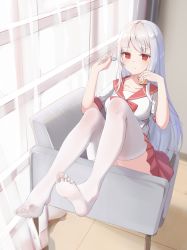 Rule 34 | 1girl, absurdres, closed mouth, commentary request, copyright request, couch, curtains, feet, food, frilled skirt, frills, grey hair, hakomusume, highres, holding, holding spoon, indoors, legs, light blush, long hair, neckerchief, no shoes, original, pudding, red eyes, red neckerchief, red skirt, school uniform, serafuku, sitting, skirt, smile, soles, solo, spoon, thighhighs, thighs, white thighhighs
