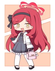 Rule 34 | 1girl, bag, black footwear, black gloves, black hairband, blue archive, blush, dress, full body, gloves, grey dress, hairband, halo, hana kazari, highres, holding, holding bag, jacket, long hair, long sleeves, open clothes, open jacket, open mouth, pantyhose, red hair, red halo, shoes, solo, takane (blue archive), white jacket, white pantyhose, yellow eyes