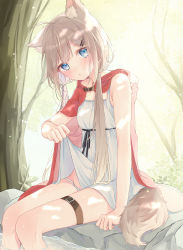 Rule 34 | 1girl, absurdres, animal ears, blue eyes, cape, dress, highres, hood, hood down, hooded cape, lifting own clothes, light brown hair, little red riding hood, little red riding hood (grimm), original, panties, riri (ri0177), sitting, sleeveless, sleeveless dress, sundress, tail, thigh strap, thighs, underwear, white dress, white panties, wolf ears, wolf girl, wolf tail