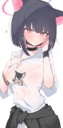 Rule 34 | 1girl, animal ears, black choker, black hair, black jacket, black mask, blue archive, blush, breasts, cat ears, cat girl, choker, clothes around waist, clothes writing, covered erect nipples, halo, highres, jacket, jacket around waist, kazusa (band) (blue archive), kazusa (blue archive), large breasts, looking at viewer, mask, mikozin, mouth mask, official alternate costume, pink hair, pink halo, red eyes, see-through, see-through shirt, shirt, short hair, solo, sweat, sweatdrop, white shirt