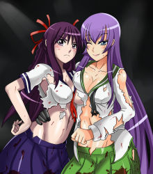 Rule 34 | 2girls, blood, breasts, busujima saeko, cleavage, crossover, eric lowery, female focus, gradient background, highschool of the dead, hime cut, hoshimura makina, large breasts, multiple girls, purple hair, school uniform, shikabane hime, skirt, smile, torn clothes