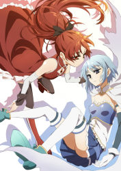 Rule 34 | 10s, 2girls, blue eyes, blue hair, boots, detached sleeves, gloves, hair ribbon, knee boots, mahou shoujo madoka magica, mahou shoujo madoka magica (anime), miki sayaka, multiple girls, oiun, ponytail, red eyes, red hair, ribbon, sakura kyoko, short hair, skirt, thighhighs