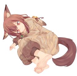 Rule 34 | 1girl, animal ear fluff, animal ears, barefoot, brown hair, chaosexceed, closed mouth, commission, feet, fox ears, fox girl, jewelry, lying, necklace, on side, onesie, original, pixiv commission, red eyes, smile, soles, solo, tail, toes, white background