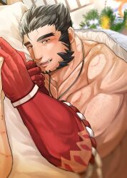Rule 34 | 2boys, arm hair, bad id, bad twitter id, bara, blanket, blush, chest hair, commission, forked eyebrows, hachimaki, hair strand, hairy, headband, hickey, holding hands, itaru (kidomh63), jewelry, long sideburns, looking at viewer, lying, male focus, mature male, multiple boys, muscular, muscular male, mutton chops, necklace, nejiri hachimaki, on bed, on stomach, pectorals, pov, pov across bed, pov hands, short hair, sideburns, skeb commission, smile, smoke, solo focus, tajikarao (housamo), tokyo houkago summoners, tusks, yaoi