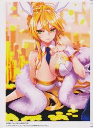 Rule 34 | 1girl, absurdres, animal ears, artoria pendragon (alter swimsuit rider) (fate), artoria pendragon (fate), artoria pendragon (lancer) (fate), bare shoulders, between breasts, blonde hair, breasts, cleavage, closed mouth, clothing cutout, coin, detached collar, fake animal ears, fate/grand order, fate (series), feather boa, fingernails, green eyes, hair ornament, hand on own chest, highres, huge filesize, large breasts, leotard, lips, long hair, looking at viewer, lying, matsuryuu, navel, navel cutout, necktie, on side, pantyhose, ponytail, rabbit ears, scan, simple background, smile, solo, strapless, strapless leotard, wrist cuffs