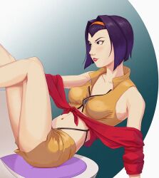 Rule 34 | 1girl, bob cut, breasts, collarbone, covered erect nipples, cowboy bebop, crop top, faye valentine, feet out of frame, green eyes, hairband, highres, inverted bob, legs up, lipstick, makeup, medium breasts, navel, open clothes, open shirt, purple hair, razv.art, red shirt, shirt, short hair, shorts, sidelocks, smile, vest, yellow hairband, yellow shorts, yellow vest