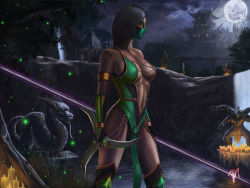 Rule 34 | 3boys, 4girls, armlet, armpits, baraka, bare legs, bare shoulders, breasts, broom, choker, cleavage, cross-laced clothes, crossover, dark skin, elbow gloves, epic, francis tneh, gloves, green eyes, half mask, holding, holding weapon, jade (mortal kombat), kitana, large breasts, legs, long hair, looking at viewer, mask, midway, mileena (mortal kombat), moon, mortal kombat (series), mortal kombat 9, multiple boys, multiple girls, navel, neck, no bra, outdoors, ponytail, realistic, reclining, reptile (mortal kombat), revealing clothes, scorpion (mortal kombat), sindel, sky, staff, standing, sword, toned, weapon