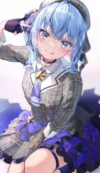 Rule 34 | 1girl, :q, beret, blue eyes, blue hair, blue necktie, choker, dress, frills, gloves, hair ribbon, hat, highres, hololive, hoshimachi suisei, hoshimachi suisei (1st costume), meron no kawa, necktie, partially fingerless gloves, plaid, plaid dress, ribbon, side ponytail, solo, sweat, thigh strap, tongue, tongue out, virtual youtuber