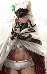Rule 34 | 1girl, bandaged arm, bandages, belt, breasts, buttons, cloak, closed mouth, clover, cowboy shot, crop top, dark-skinned female, dark skin, four-leaf clover, gloves, guilty gear, guilty gear strive, hat, highres, large breasts, long hair, looking at viewer, medium breasts, micro shorts, midriff, navel, peaked cap, platinum blonde hair, ramlethal valentine, short shorts, shorts, stomach, takanashi-a, thighs, white cloak, white hat, white shorts, yellow eyes