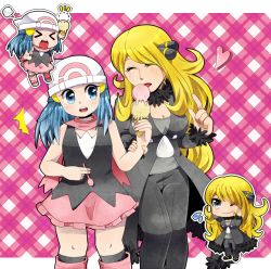 Rule 34 | &gt; &lt;, 2girls, angry, beanie, blonde hair, blue hair, boots, breasts, chibi, choker, creatures (company), cynthia (pokemon), dawn (pokemon), closed eyes, food, game freak, hair ornament, hairclip, hat, heart, holding another&#039;s wrist, ice cream, kneehighs, large breasts, licking, long coat, long hair, maka1, multiple girls, nintendo, one eye closed, pink background, pink footwear, plaid, plaid background, pokemon, socks, very long hair, wink, yuri