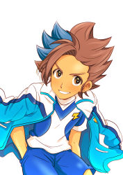 Rule 34 | 10s, 1boy, bad id, bad pixiv id, blue hair, bou erika, brown eyes, brown hair, grin, hands in pockets, highres, inazuma eleven (series), inazuma eleven go, inazuma eleven go galaxy, jacket, jacket on shoulders, looking at viewer, male focus, matatagi hayato, multicolored hair, shinsei inazuma japan, simple background, smile, soccer uniform, solo, sportswear, track jacket, two-tone hair, white background