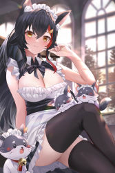 Rule 34 | 1girl, animal ears, arm support, black bow, black bowtie, black hair, black thighhighs, blush, bow, bowtie, breasts, cleavage, crossed legs, hair ornament, hairclip, hololive, indoors, large breasts, long hair, looking at viewer, maid, maid headdress, mujinbensin, ookami mio, sleeveless, thighhighs, virtual youtuber, wolf ears, yellow eyes