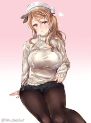 Rule 34 | 1girl, alternate costume, bad id, bad twitter id, black pantyhose, blush, breasts, brown eyes, brown hair, closed mouth, gradient background, hair between eyes, hair ornament, heart, juurouta, kantai collection, large breasts, littorio (kancolle), long hair, long sleeves, pantyhose, pleated skirt, ponytail, sitting, skirt, smile, wavy hair