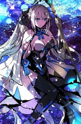 Rule 34 | 1girl, black dress, black ribbon, blue eyes, blue neckwear, breasts, cape, cleavage, closed mouth, dated, detached sleeves, dress, fate/grand order, fate (series), hair ribbon, highres, holding, holding staff, large breasts, morgan le fay (fate), ribbon, rioka (southern blue sky), silver hair, solo, staff, strapless, strapless dress, twitter username, white cape