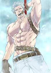 Rule 34 | 1boy, abs, bara, facial hair, fighting stance, from below, highres, large pectorals, male focus, mature male, medium sideburns, muscular, muscular male, navel, nipples, one piece, pants, pectorals, rain, ready to draw, sanpaku, scar, scar on face, short hair, sideburns stubble, smoker (one piece), solo, sparse stubble, stubble, topless male, tsurime, wet, white hair, wol 1014