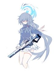 Rule 34 | 1girl, adapted costume, an dong, black hair, blue archive, blue eyes, blue jacket, closed mouth, cropped legs, fu hua, fu hua (valkyrie accipiter), glasses, gun, halo, highres, holding, holding gun, holding weapon, honkai (series), honkai impact 3rd, jacket, long hair, long sleeves, looking at viewer, pleated skirt, rifle, semi-rimless eyewear, simple background, skirt, sniper rifle, solo, under-rim eyewear, very long hair, weapon, white background, white skirt