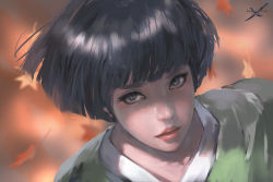 Rule 34 | 1girl, black hair, character request, commentary, ghostblade, grey eyes, looking at viewer, multicolored background, multicolored clothes, portrait, shadow, short hair, solo, wlop