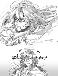 Rule 34 | 1boy, :d, blood, blood from mouth, blood on face, breath, clenched teeth, cloak, constantine xi (fate), earrings, english text, closed eyes, facing viewer, fate/grand order, fate (series), floating hair, greyscale, hair between eyes, halo, jewelry, long hair, looking ahead, male focus, monochrome, multiple views, notice lines, nukaduke000, open mouth, portrait, serious, smile, sweat, tassel, teeth, wide-eyed