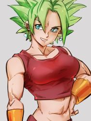 Rule 34 | 1girl, abs, arm at side, bare arms, bare shoulders, bracelet, breasts, collarbone, crop top, dragon ball, dragon ball super, earrings, eyelashes, frown, green eyes, green hair, grey background, grin, hair over one eye, hand on own hip, jewelry, kefla (dragon ball), kemachiku, large breasts, looking to the side, midriff, muscular, muscular female, pants, parted lips, potara earrings, red pants, short hair, simple background, sleeveless, smile, solo, spiked hair, super saiyan, upper body, v-shaped eyebrows, very short hair