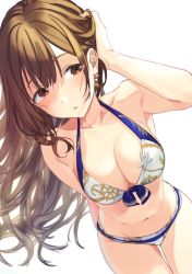 Rule 34 | 1girl, arm up, armpits, bad id, bad twitter id, bare arms, bare shoulders, bikini, breasts, brown eyes, brown hair, cleavage, closed mouth, collarbone, commentary request, cowboy shot, earrings, front-tie bikini top, front-tie top, groin, halterneck, idolmaster, idolmaster shiny colors, jewelry, kuwayama chiyuki, large breasts, long hair, looking at viewer, navel, sidelocks, simple background, solo, star (symbol), swimsuit, toffeenut5672, very long hair, white background, white bikini