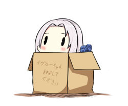 Rule 34 | 1girl, azur lane, bad id, bad pixiv id, blue flower, blue rose, blush, box, cardboard box, chibi, commentary request, covered mouth, flower, forehead, in box, in container, nagato-chan, parted bangs, rose, silver hair, solid oval eyes, solo, translation request, white background, yorktown (azur lane)