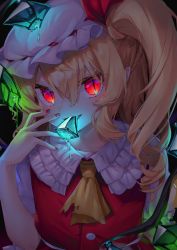 Rule 34 | 1girl, ascot, biting, blonde hair, blush, bow, buttons, commentary request, crystal, dot nose, dripping, eyelashes, fangs, fingernails, flandre scarlet, frilled shirt collar, frills, glowing, glowing eyes, gunjou row, hair between eyes, hat, hat bow, hat ribbon, highres, liquid, mob cap, nail polish, one side up, open mouth, pointy ears, puffy short sleeves, puffy sleeves, red bow, red eyes, red nails, red ribbon, red vest, ribbon, shirt, short hair, short hair with long locks, short sleeves, side ponytail, sidelocks, slit pupils, solo, standing, torn ascot, torn clothes, torn neckwear, touhou, upper body, vest, white shirt, wings, yellow ascot