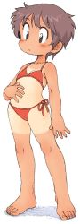 Rule 34 | 1girl, barefoot, bikini, brown eyes, feet, full body, messy hair, oyatsu (mk2), red bikini, short hair, side-tie bikini bottom, solo, standing, swimsuit, tan, tanline, toes, white background