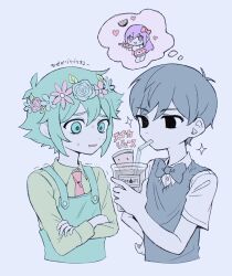 Rule 34 | 2boys, apron, aubrey (headspace) (omori), aubrey (omori), basil (headspace) (omori), basil (omori), black eyes, black hair, black sweater vest, collared shirt, crossed arms, cup, drinking, drinking straw, flower, food, fruit, green apron, green eyes, green hair, head wreath, highres, holding, holding cup, long sleeves, looking at another, multiple boys, necktie, omori, omori (omori), parted lips, red necktie, sebon (sebochin), shirt, short hair, short sleeves, sweater vest, thought bubble, watermelon, watermelon slice, white shirt