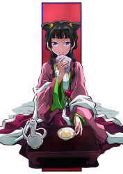Rule 34 | 1girl, beads, black hair, blue eyes, bowl, chinese clothes, coat, double bun, earrings, flat chest, flower, food, from above, full body, hair beads, hair bun, hair ornament, hair over shoulder, half updo, hand up, handkerchief, hanfu, highres, holding, holding handkerchief, jewelry, kusuriya no hitorigoto, layered sleeves, lipstick, long hair, long sleeves, looking at viewer, makeup, maomao (kusuriya no hitorigoto), multi-tied hair, outstretched arm, parted lips, pink coat, pink flower, pink lips, pink skirt, reaching, reaching towards viewer, sash, seiza, shawl, sitting, skirt, smile, solo, soup, table, taiga hiroyuki, teapot, white background, wide sleeves