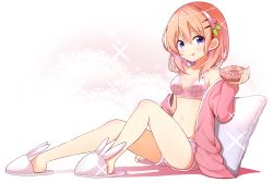 Rule 34 | 1girl, :p, absurdres, animal slippers, bare shoulders, blush, bra, breasts, brown hair, bunny slippers, cleavage, closed mouth, collarbone, commentary request, doily, doughnut, food, full body, gochuumon wa usagi desu ka?, hair between eyes, hair ornament, hairclip, hand up, highres, holding, holding food, hoto cocoa, jacket, medium breasts, nanakusa amane, off shoulder, open clothes, open jacket, pink bra, pink footwear, pink jacket, pink shorts, plaid, plaid bra, plaid shorts, purple eyes, short shorts, shorts, slippers, smile, solo, sparkle, tongue, tongue out, underwear