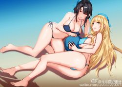 Rule 34 | 10s, 2girls, atago (kancolle), ball, bare legs, barefoot, beach, beachball, bikini, black hair, blonde hair, blue bikini, breasts, collarbone, covered erect nipples, day, from above, green eyes, hat, highres, kantai collection, large breasts, long hair, looking at viewer, lying, multiple girls, navel, on side, outdoors, red eyes, side-tie bikini bottom, sideboob, sidelocks, smile, swimsuit, takao (kancolle), thong bikini, unfinished, very long hair, yykuaixian