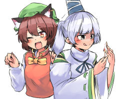 Rule 34 | 2girls, :q, ;d, animal ear fluff, animal ears, blush, brown eyes, brown hair, cat ears, chen, cropped torso, earrings, fang, fingernails, fire, fire, ginnkei, green headwear, hat, jewelry, long fingernails, long sleeves, matches, mononobe no futo, multiple girls, multiple tails, nail polish, one eye closed, open mouth, ponytail, short hair, single earring, smile, tail, tongue, tongue out, touhou, upper body, white background