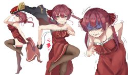 Rule 34 | 1girl, bare shoulders, blush, clenched teeth, dancing, dress, eyepatch, unworn eyepatch, foxxarius, hair ribbon, hand on own hip, heterochromia, highres, hololive, houshou marine, jacket, unworn jacket, looking at viewer, multiple views, pain, red dress, red eyes, red hair, ribbon, simple background, smile, standing, standing on one leg, sweat, teeth, thighhighs, twintails, v-shaped eyebrows, virtual youtuber, white background, yellow eyes