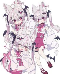 1girl :o animal_ear_fluff animal_ears bandaid bare_shoulders bat_(animal) bat_hair_ornament bat_wings black_choker black_ribbon black_wings blush bow bowtie cardigan choker closed_mouth collar crossed_bangs detached_sleeves dress fang fox_ears fox_girl frilled_sailor_collar frills full_body hair_between_eyes hair_ornament hair_ribbon hairclip halo hand_on_own_cheek hand_on_own_face heart heart_hair_ornament heart_o-ring high-waist_skirt highres jacket karin_(vrchat) long_hair long_sleeves looking_at_viewer low_wings multicolored_hair multiple_views napenasupe o-ring o-ring_choker o-ring_thigh_strap off_shoulder one_eye_closed open_cardigan open_clothes open_jacket open_mouth pink_bow pink_bowtie pink_eyes pink_hair pink_ribbon pink_sailor_collar pink_skirt red_eyes red_halo red_skirt ribbon sailor_collar shirt shoes simple_background skin_fang skirt sleeveless sleeveless_shirt sleeves_past_fingers sleeves_past_wrists smile socks streaked_hair tail tattoo thigh_strap twintails vrchat white_background white_cardigan white_jacket white_shirt white_sleeves white_socks wing_hair_ornament wings x_hair_ornament