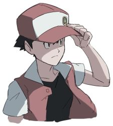 Rule 34 | 1boy, badge, baseball cap, black hair, black shirt, closed mouth, collarbone, commentary request, creatures (company), frown, game freak, hand on headwear, hand up, hat, jacket, male focus, morio (poke orio), nintendo, open clothes, open jacket, pokemon, pokemon rgby, red (pokemon), red hat, shirt, short hair, short sleeves, simple background, sketch, solo, upper body, white background