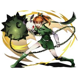Rule 34 | 10s, 1girl, akame ga kill!, alpha transparency, boots, brown eyes, chain, divine gate, dog, full body, green footwear, green scarf, green shirt, green skirt, hair between eyes, hair ornament, hekatonkheires, high ponytail, holding, holding weapon, knee boots, long hair, official art, open mouth, orange hair, pleated skirt, red eyes, scarf, seryu ubiquitous, shirt, skirt, solo, thighhighs, transparent background, ucmm, weapon, white thighhighs