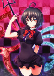Rule 34 | &gt;:/, 1girl, :/, ahoge, asymmetrical wings, black dress, black hair, black thighhighs, bow, bowtie, breasts, checkered background, closed mouth, covered navel, cowboy shot, dress, hair between eyes, highres, holding, holding weapon, houjuu nue, koissa, looking at viewer, microdress, polearm, puffy short sleeves, puffy sleeves, red bow, red bowtie, red eyes, short dress, short sleeves, small breasts, solo, thighhighs, thighs, touhou, trident, v-shaped eyebrows, weapon, wings