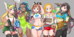Rule 34 | 5girls, atelier (series), atelier ryza, atelier ryza 1, belt, belt skirt, black hair, black thighhighs, blonde hair, bob cut, boomerang, breasts, brown hair, candy, cleavage, cosplay, costume switch, cowboy shot, creatures (company), crossover, dark-skinned female, dark skin, final fantasy, final fantasy vii, flask, game freak, gloves, grey background, gym leader, hair bun, himeshaga, jewelry, large breasts, long hair, multiple girls, necklace, nessa (pokemon), nessa (pokemon) (cosplay), nintendo, pointy ears, poke ball, poke ball (basic), pokemon, pokemon swsh, princess zelda, princess zelda (cosplay), reisalin stout, reisalin stout (cosplay), riesz, riesz (cosplay), seiken densetsu, seiken densetsu 3, short hair, short shorts, shorts, simple background, single hair bun, skindentation, skirt, sports bra, suspender skirt, suspenders, teeth, the legend of zelda, the legend of zelda: breath of the wild, the legend of zelda: tears of the kingdom, thighhighs, thighs, tifa lockhart, tifa lockhart (cosplay), undine (seiken densetsu), upper teeth only, very long hair, white legwear, wrapped candy
