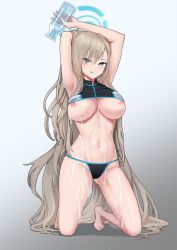 Rule 34 | 1girl, :p, armpits, arms up, asuna (blue archive), asymmetrical bangs, barefoot, bikini, black bikini, blue archive, blue eyes, blue halo, bottle, breasts, full body, halo, highres, holding, holding bottle, kneeling, large breasts, light brown hair, long hair, looking at viewer, navel, nipple slip, nipples, pouring, pouring onto self, ralac, simple background, solo, sports bikini, swimsuit, toes, tongue, tongue out, very long hair, wet