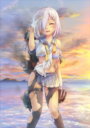 Rule 34 | 10s, 1girl, ^ ^, black pantyhose, blue skirt, bra, breasts, closed eyes, commentary request, damaged, gloves, hair ornament, hair over one eye, hairclip, hamakaze (kancolle), kantai collection, large breasts, machinery, magenta (atyana), neckerchief, ocean, open mouth, panties, panties under pantyhose, pantyhose, pleated skirt, sailor collar, school uniform, serafuku, short hair, silver hair, skirt, smile, smoke, smokestack, solo, thighband pantyhose, torn clothes, torn pantyhose, underwear, white bra, white gloves, yellow neckerchief